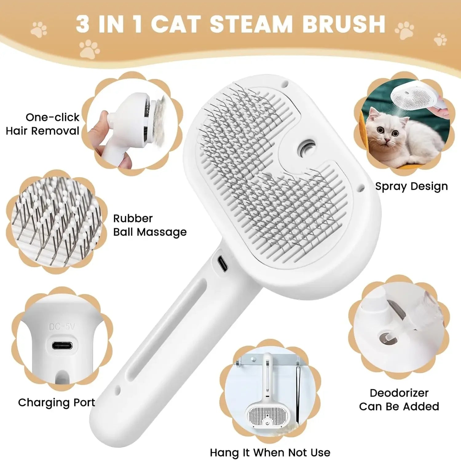 Brosse Vapeur Autonettoyante pour Chiens et Chats